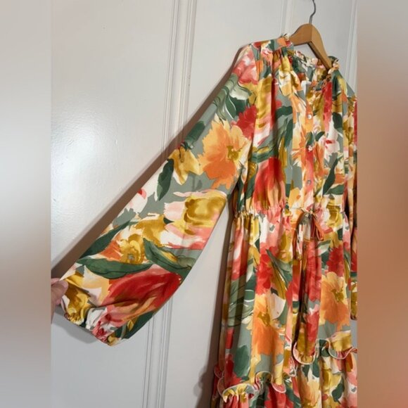Jodifl Floral Watercolor Blooms Dress Long Sleeves Ruffle Boho Poet Size Large - Picture 10 of 16
